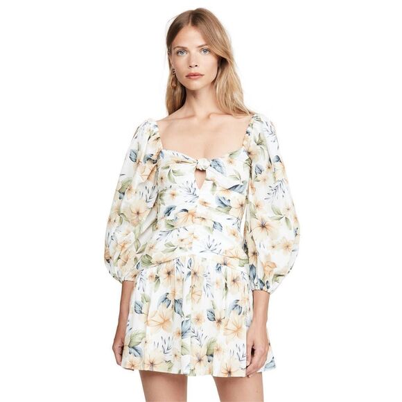 Avant Look Women's Puff Sleeve Off The Shoulder Floral Pleated Dress Cream Size - Picture 2 of 14